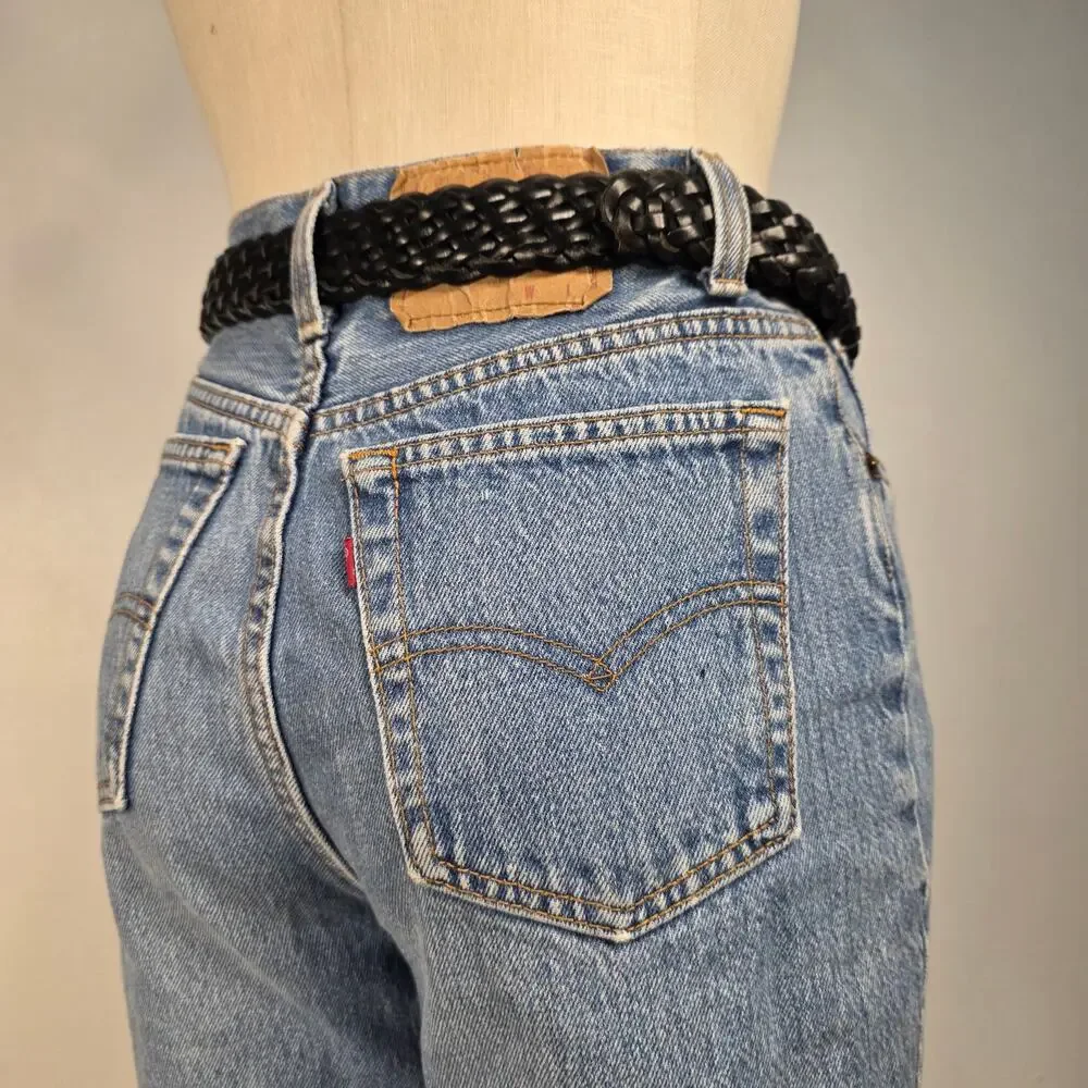Black Braided Genuine Leather Belt Silver Buckle Adjustable